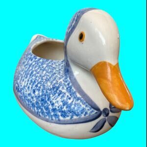 Vtg NS Gustin Duck Planter Blue Stipple, White Pottery Farmhouse Kitchen
